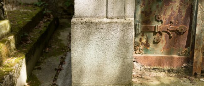 eco Sépulture ancienne gagnée par la mousse au cimetière du Père-Lachaise, à Paris